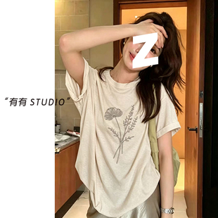 070420~「手编绳玫瑰T」韩系！简约花纱复古刺绣女士短袖T恤