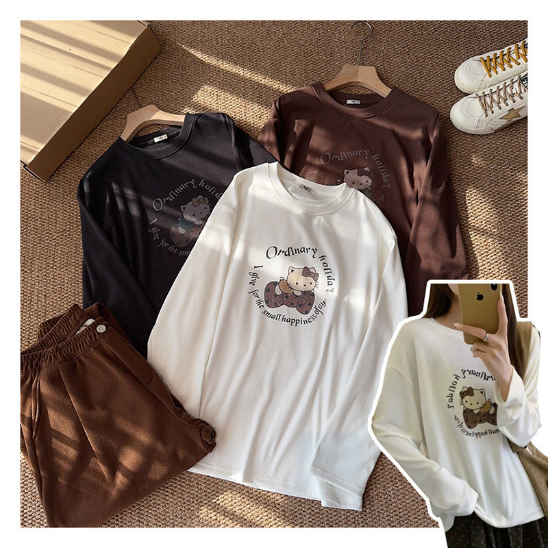 112520~「蝴蝶结KT暖绒长款T」韩系！圆领卡通印花女士长袖T恤,女装/女士精品,T恤,淘宝优惠券,粉丝福利购,淘宝优惠卷