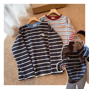 圆领撞色条纹加厚女针织打底衫 121121 「云感KT条纹打底」韩系