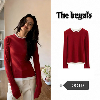 韩系！拼接撞色女士打底衫