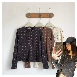 暖绒亨利领小花女士长袖 」韩系 T恤 「弹力小碎花亨利衫 121620