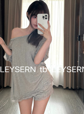 LEYSERN莫代尔性感睡衣韩版宽松斜肩蕾丝短袖T恤家居服套装纯欲风