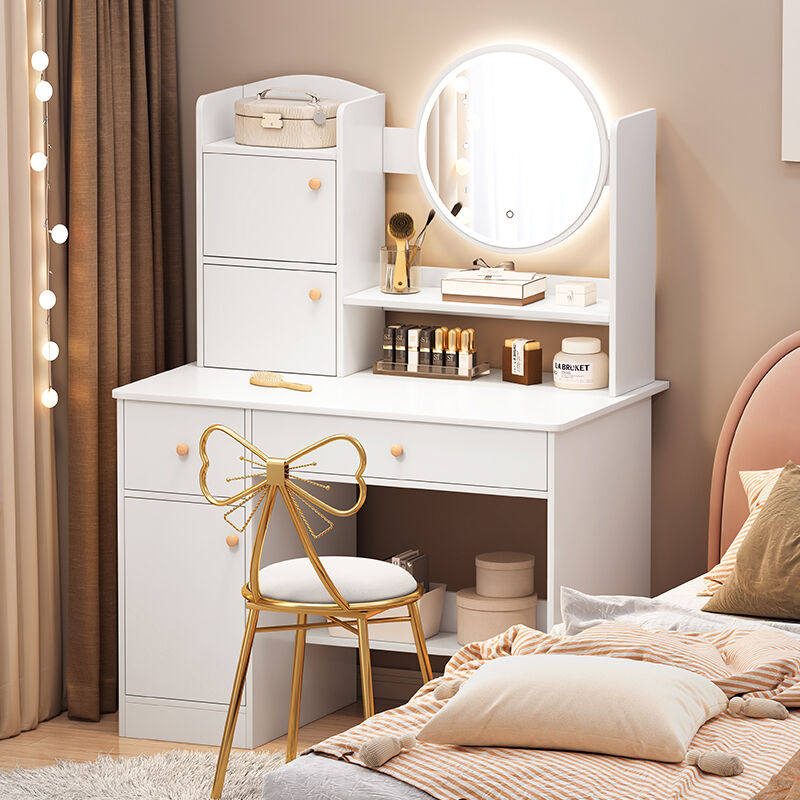 秋植居梳妆台卧室化妆台桌凳套装多功能网红简易暖白色桌+LED灯+