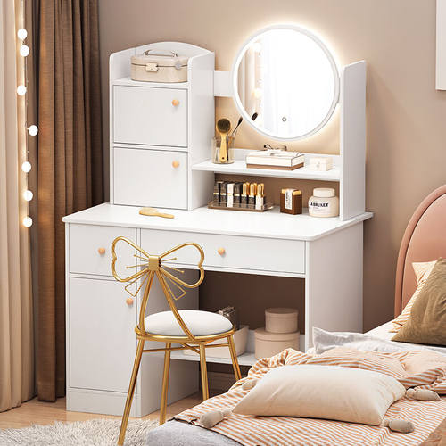 秋植居梳妆台卧室化妆台桌凳套装多功能网红简易暖白色桌+LED灯+