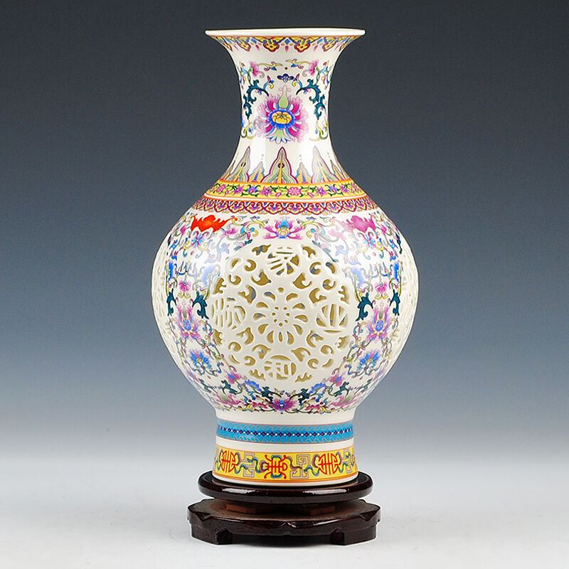 景鑫新中式镂空花瓶景德镇陶瓷器客厅插花瓶酒柜玄关博古架装饰工