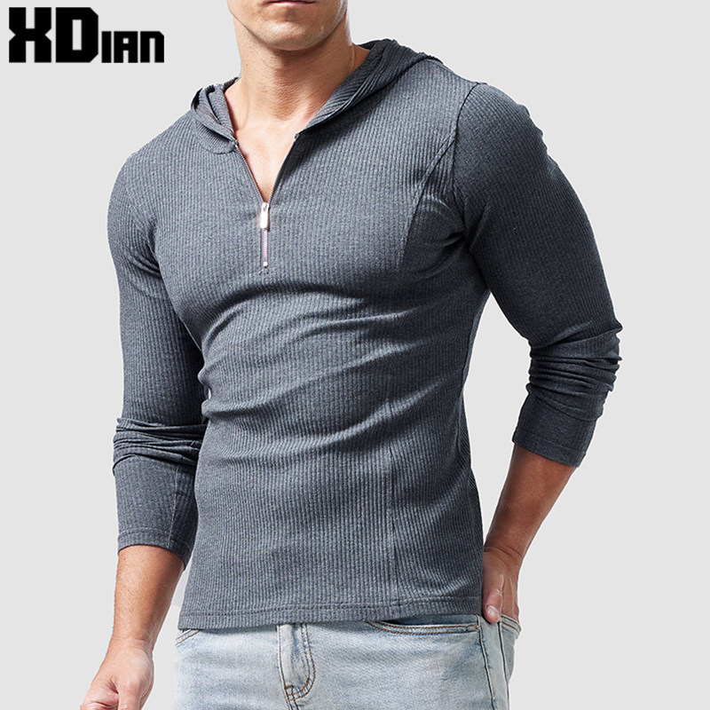 螺纹连帽长袖t恤男士纯棉修身紧身半拉链薄款休闲卫衣春秋季帽衫