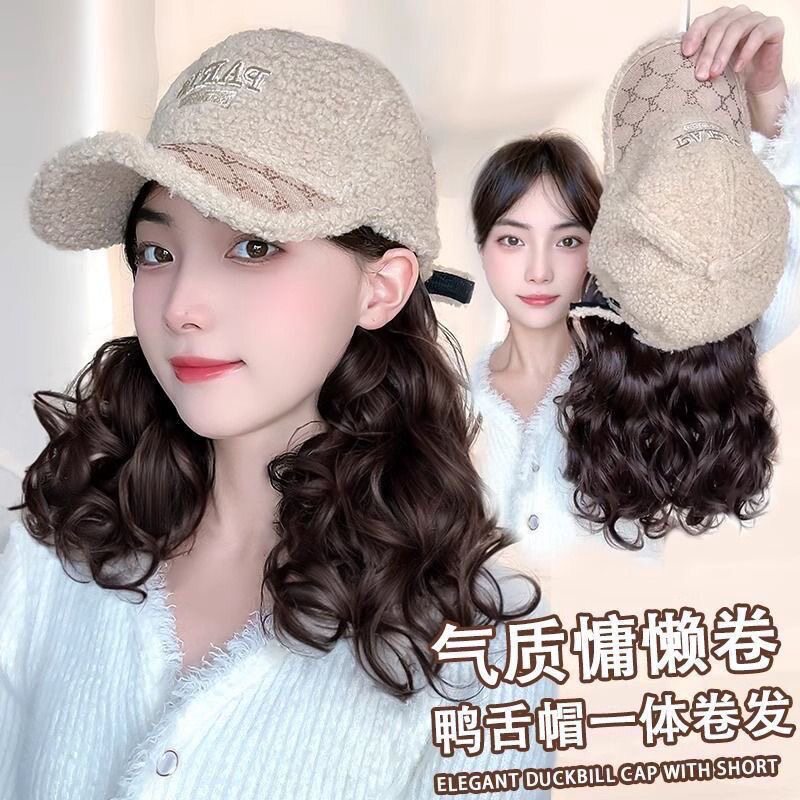 2025新款秋冬羊羔毛鸭舌帽短卷发帽子假发一体女时尚减龄逼真自然