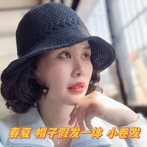春夏帽子假发一体女时尚透气渔夫帽小卷发假发帽子逼真短卷假发套