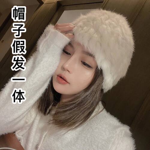 兔毛皮草帽假发一体保暖舒适