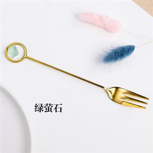 天然水晶原石八面体紫蓝绿萤石甜品勺不锈钢金色水滴型咖啡勺