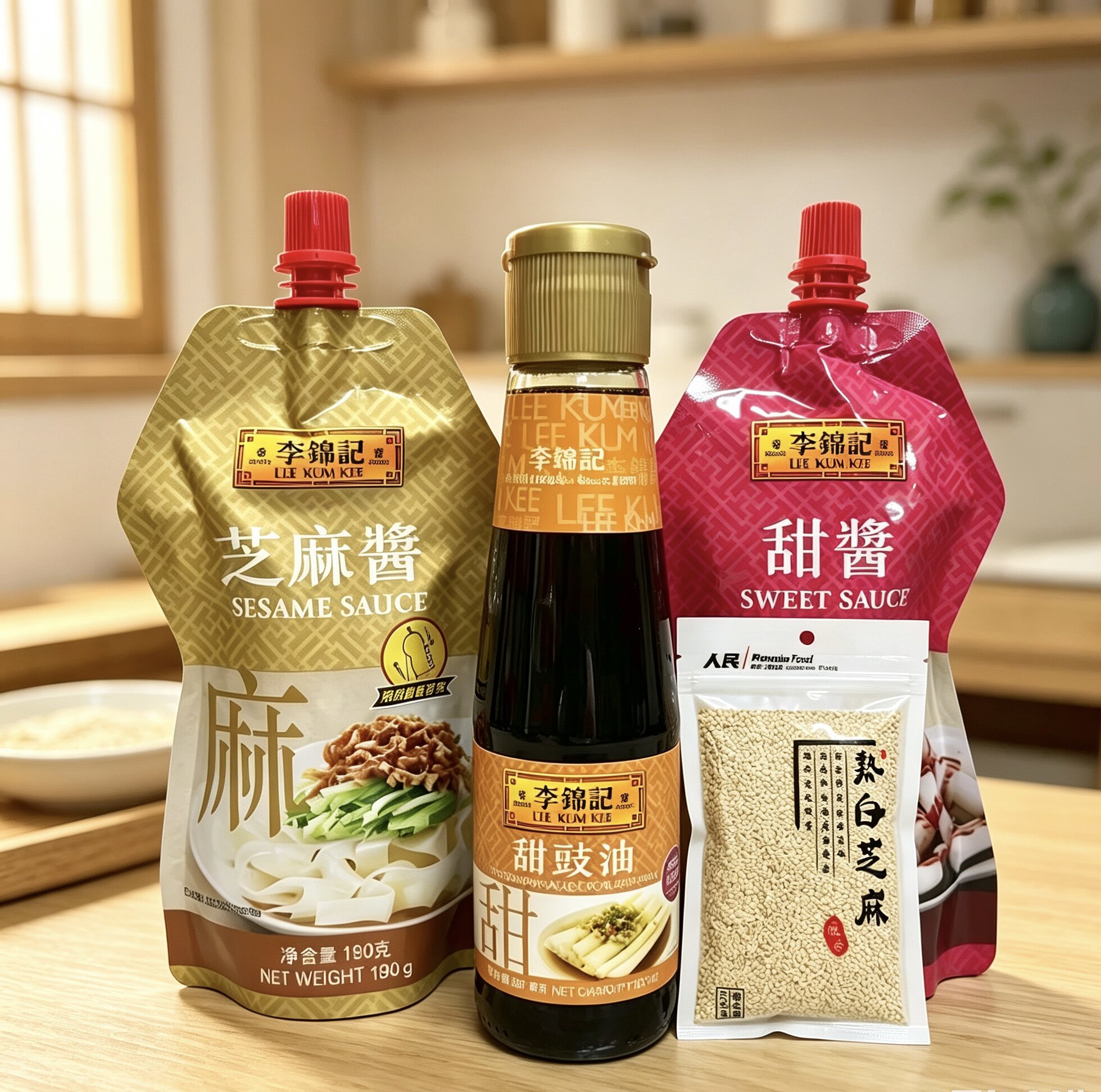 香港李锦记肠粉酱甜豉油207ml甜酱210克芝麻酱190克组合装