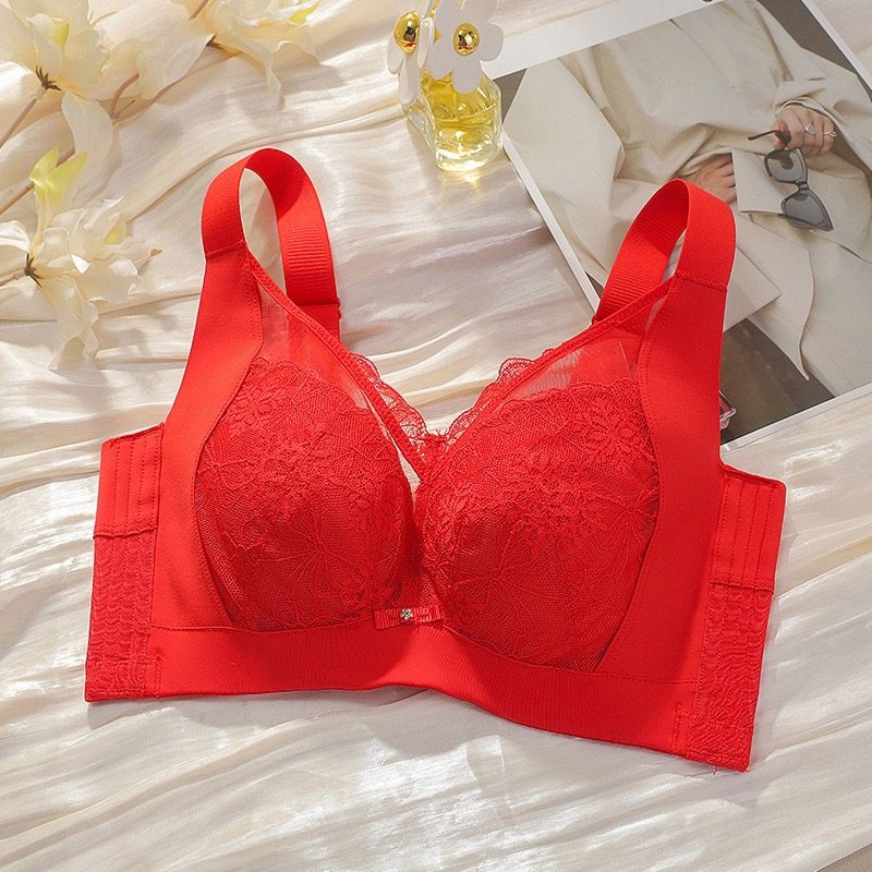 本命年红色内衣女大胸显小调整型全罩杯大码文胸收副乳胖mm防下垂