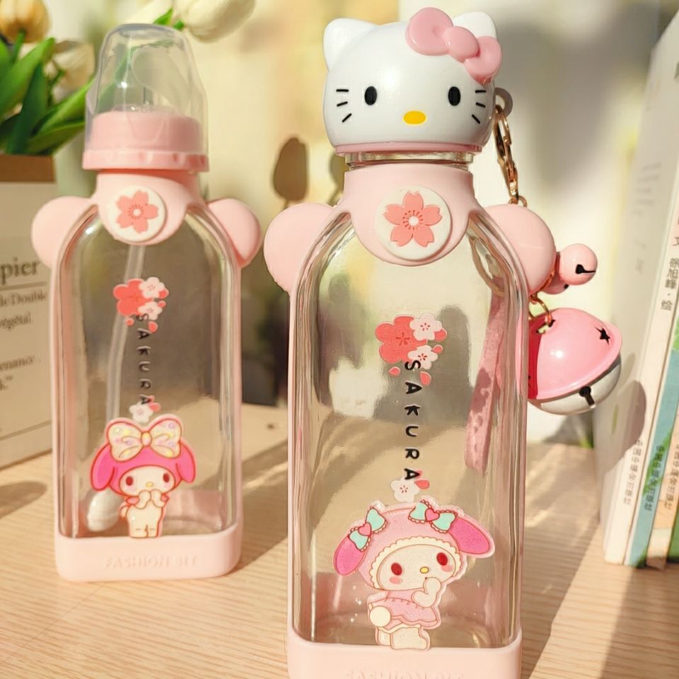 helloKitty玻璃带吸管杯子凯蒂猫可爱水杯奶嘴杯奶瓶