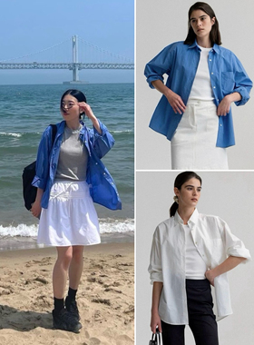 清仓不退换 韩国小众NW复古蓝白色棉质衬衣休闲宽松慵懒长袖衬衫