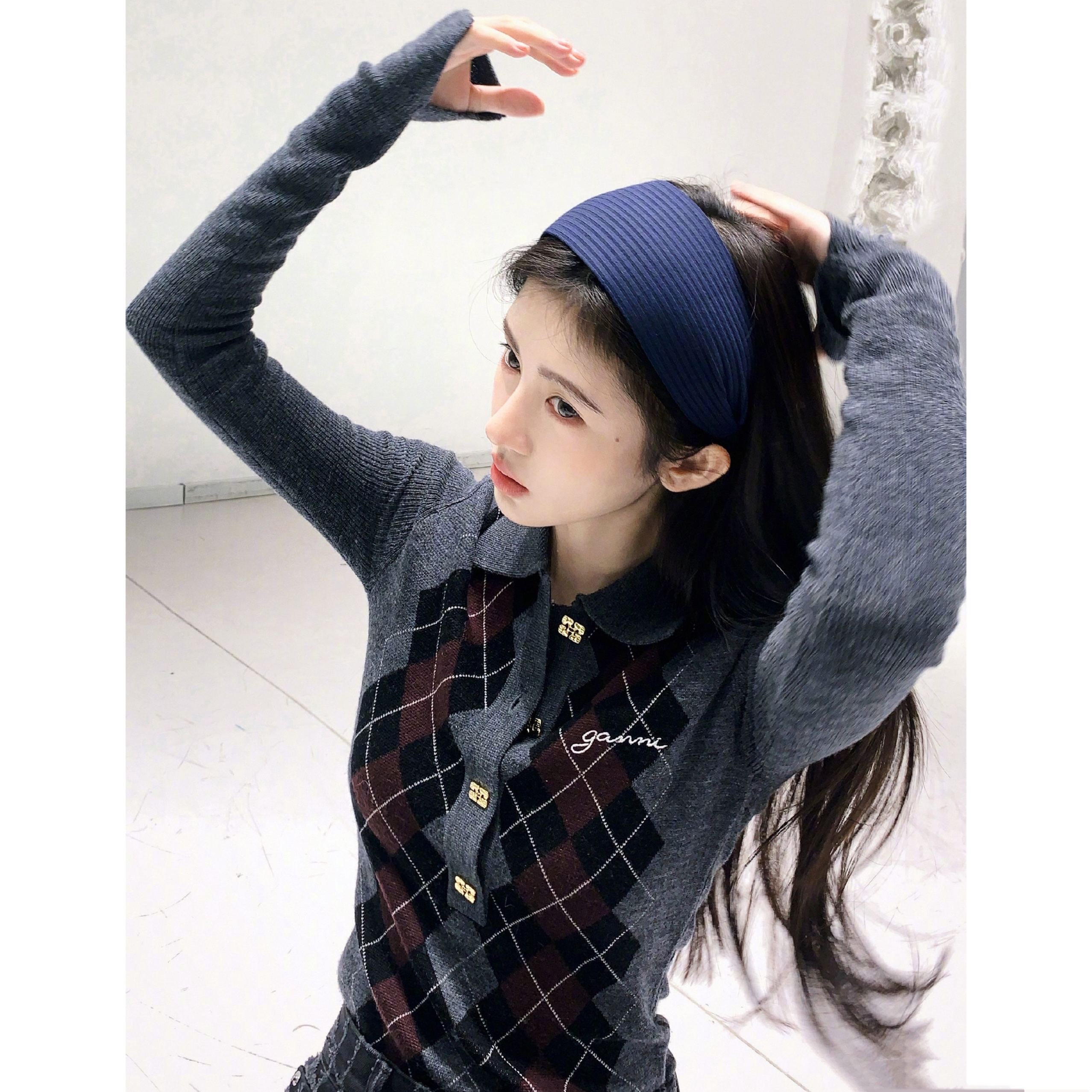 鞠婧祎同款菱格polo领羊毛针织衫