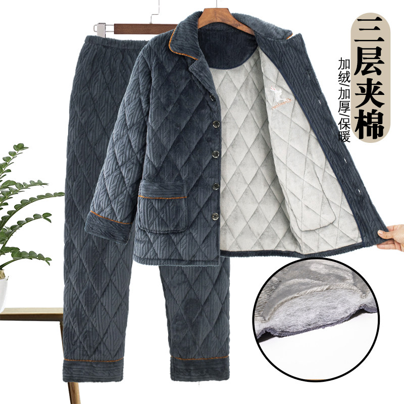 睡衣男士冬天三层夹棉加厚加绒珊瑚绒法兰绒家居服秋冬季加厚男款