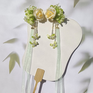 古风对夹流苏发饰汉服长飘带头饰黄绿色发卡清新玫瑰花卡子中国风