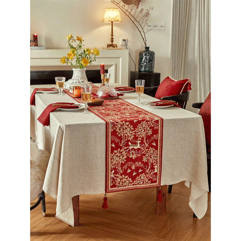【孤品】蜡笔派层林驯鹿桌旗喜庆新婚礼物氛围红色节日桌布盖布