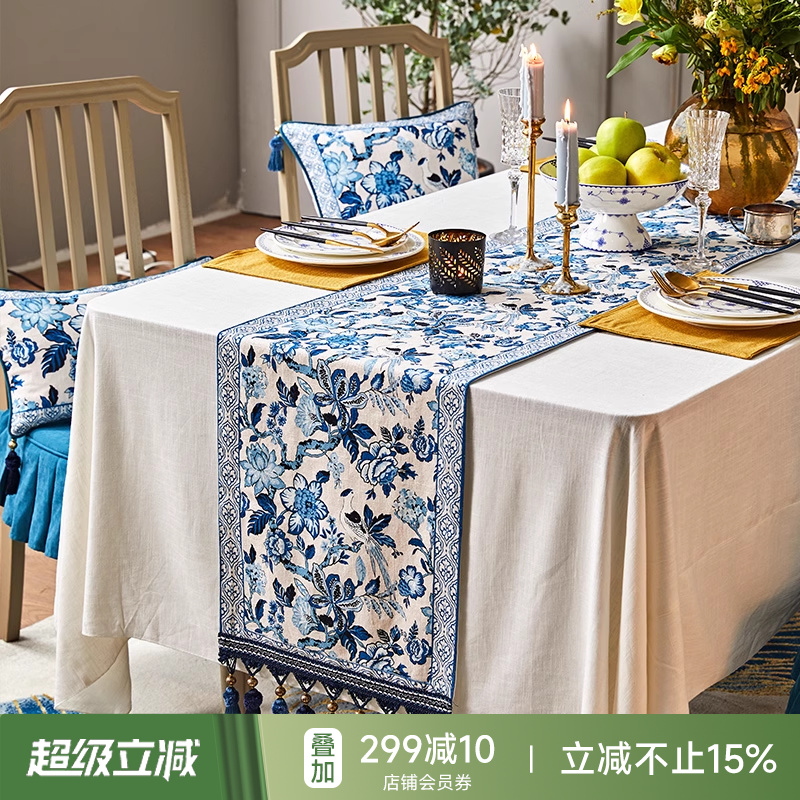 蜡笔派「中古青花系列」青花瓷桌旗新中式禅意电视柜斗柜装饰盖布