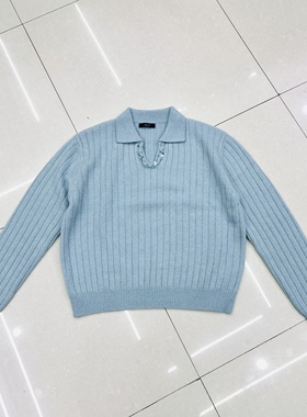 亮片翻领坑条polo领V领长袖针织上衣内搭打底毛衣85128