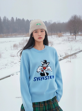 羊毛小猫头圆领卡通图案印花羊毛宽松针织衫女氛围感毛衣98329