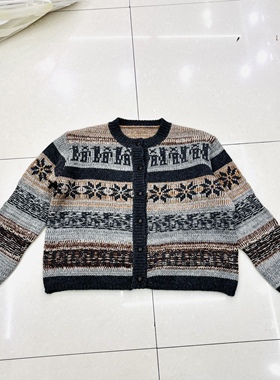 复古高级慵懒风提花廓形圆领针织开衫女新款毛衣63322