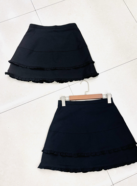 100聚酯双层木耳边半身裙女显瘦防走光荷叶边a字短裙子薄25375