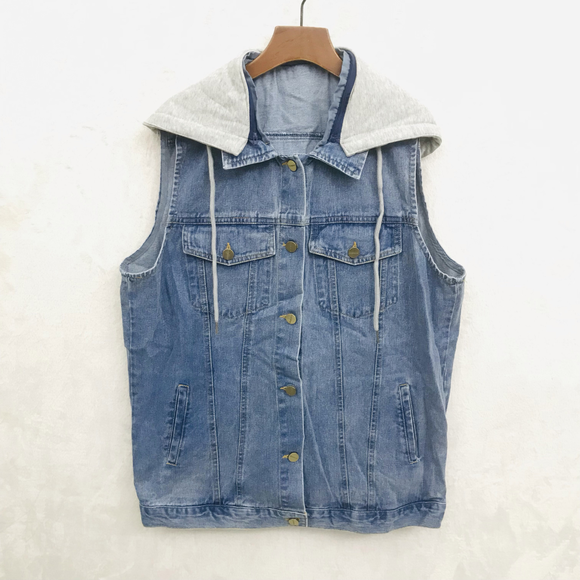 春秋韩版牛仔马甲女宽松新款无袖bf风背心男女大码可拆卸连帽