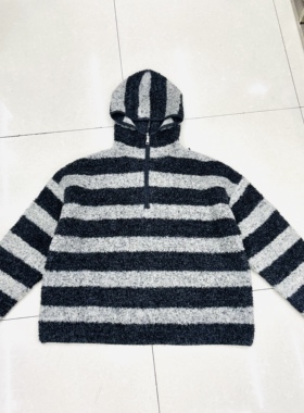 100绵羊毛毛圈连帽半拉链条纹羊毛颗粒感百搭女士针织毛衣85571