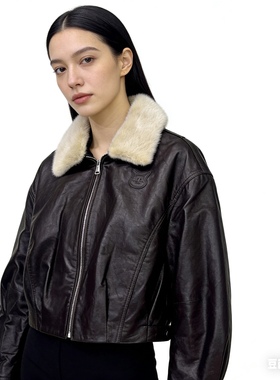 猫头水貂毛真皮白鹅绒可拆卸毛领复古油蜡素皮松紧下摆66261