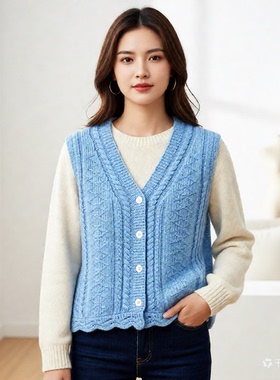 100绵羊毛v领羊毛针织马甲女背心坎肩无袖毛衣马夹17151