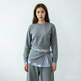 2026春季 时尚 百搭显瘦卫衣女上衣潮格子拼接上衣套装 617 新款