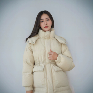 617韩系长款羽绒服女大码纯色加厚保暖连帽抽绳90白鸭绒外套