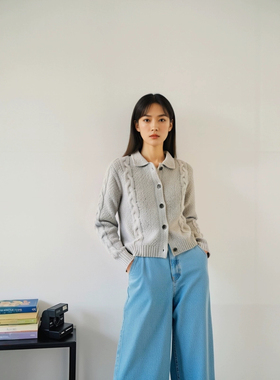 羊毛针织开衫女银丝麻花纹宽松22082