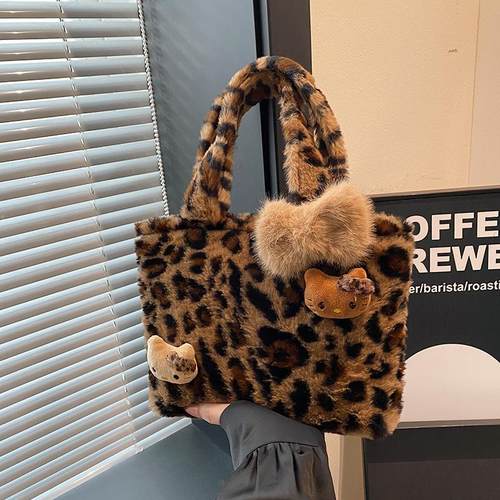 豹纹水桶包赫雅毛茸茸水桶包