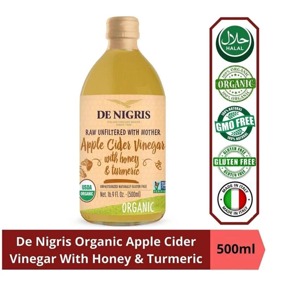 De Nigris有机姜黄蜂蜜苹果醋带醋母家用调料无添加瓶装500ml进口