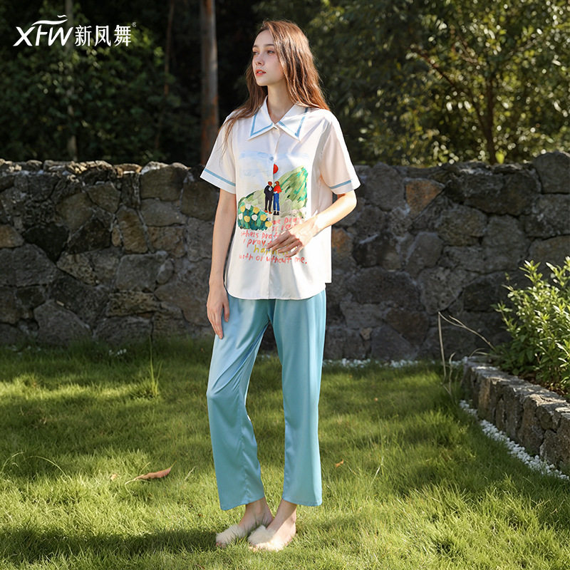 夏季休闲睡衣套装短袖衬衫九分裤家居服两件套油画风印花外穿套装
