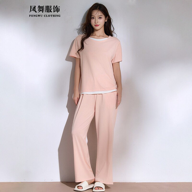 莱赛尔时尚休闲套装女士套头睡衣假两件可外穿家短袖长裤居服现货