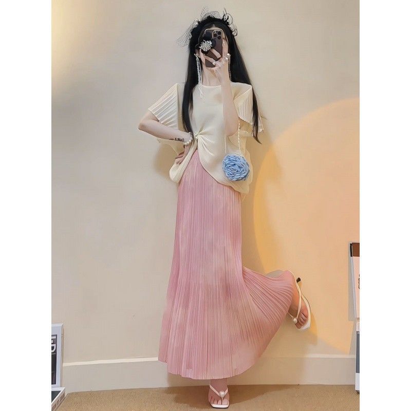 衣服女款春季搭配一整套半身裙印花粉色T恤褶皱短袖减龄套装绵羊