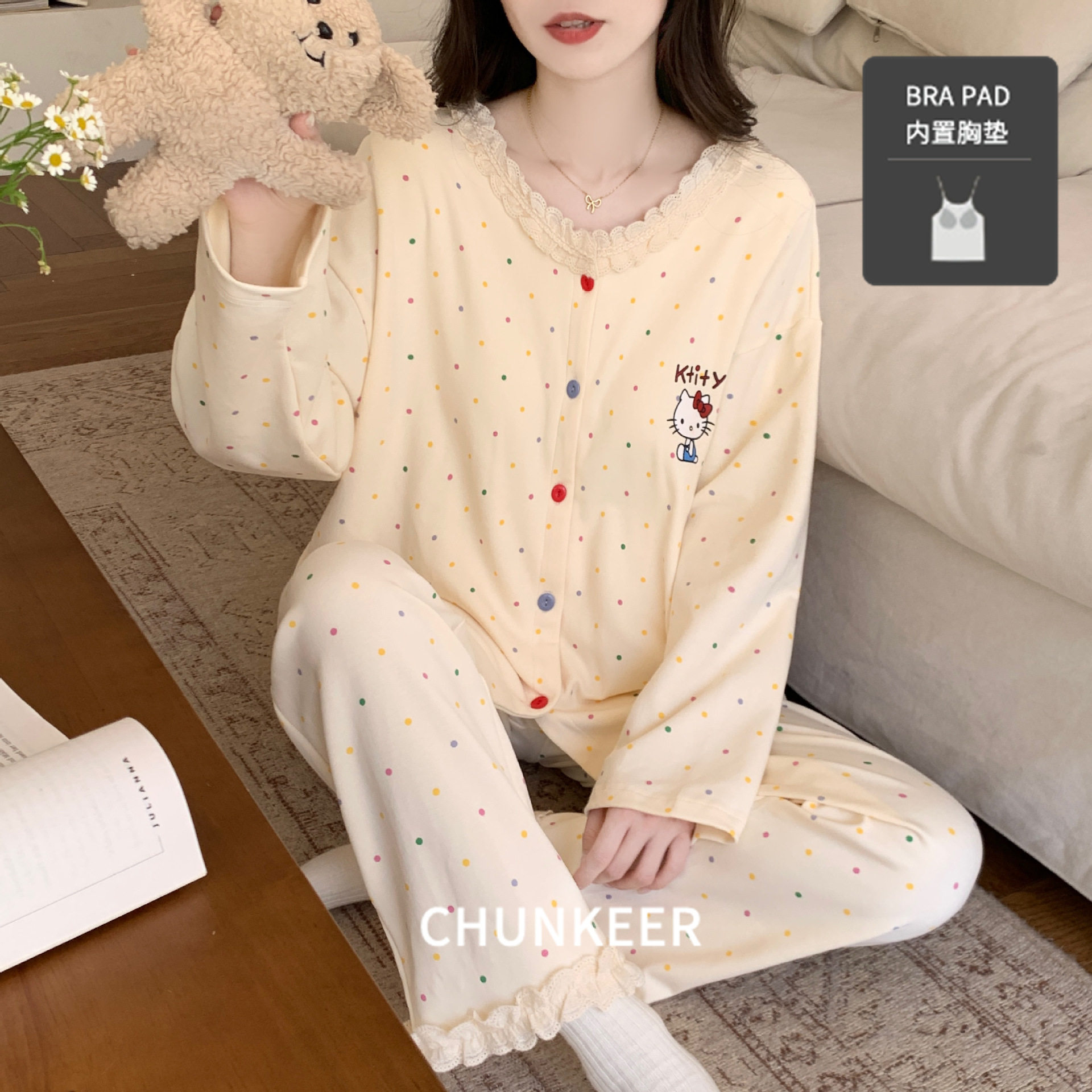 长袖带胸垫睡衣女秋季新款韩版甜美蕾丝花边开衫加大码家居服套装