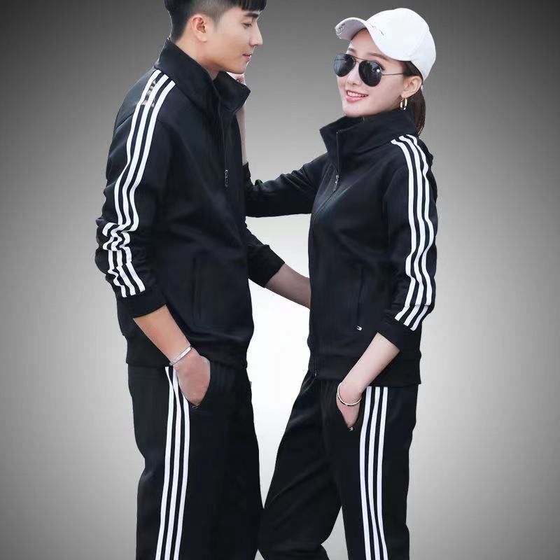 春秋立领运动套装男女三条杠休闲运动服情侣跑步服开衫长裤两件套