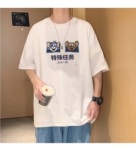 宽松体恤潮牌上衣服薄 夏季 短袖 t恤男新款 ins潮流猫和老鼠印花半袖