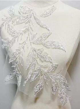 刺绣面料白色蕾丝树叶钉珠亮片手工DIY衣服童装头花贴花片配件辅