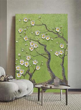 淡绿色抽象肌理画白色花卉手绘油画客厅杏花树装饰画玄关卧室挂画