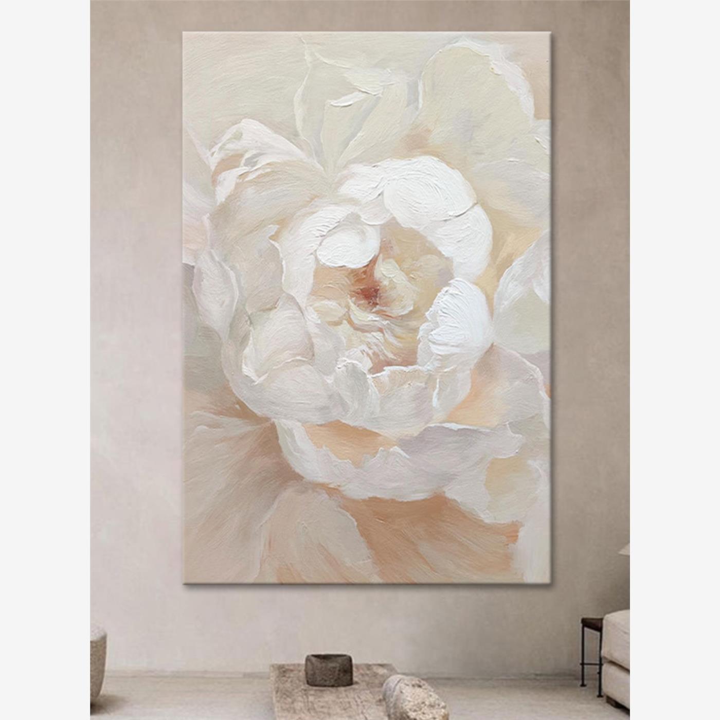白色牡丹花立体肌理画客厅极简花卉手绘油画玄关抽象丙烯装饰挂画