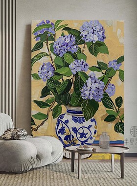 中古风紫色绣球花纯手绘油画客厅抽象植物花卉装饰画玄关肌理挂画