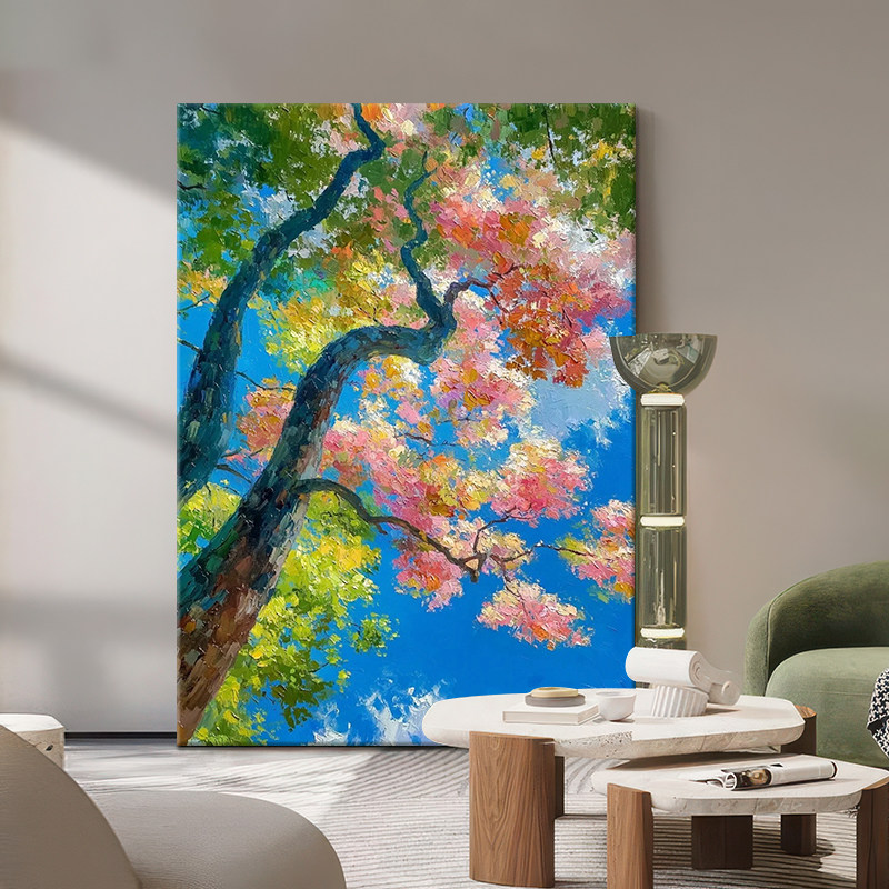 仰望天空森林大树纯手绘油画抽象肌理装饰画现代轻奢客厅玄关挂画