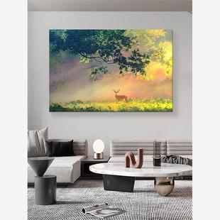 在森林里看鹿装 饰画客厅森林梅花鹿手绘油画达·芬奇入口晨曦挂画