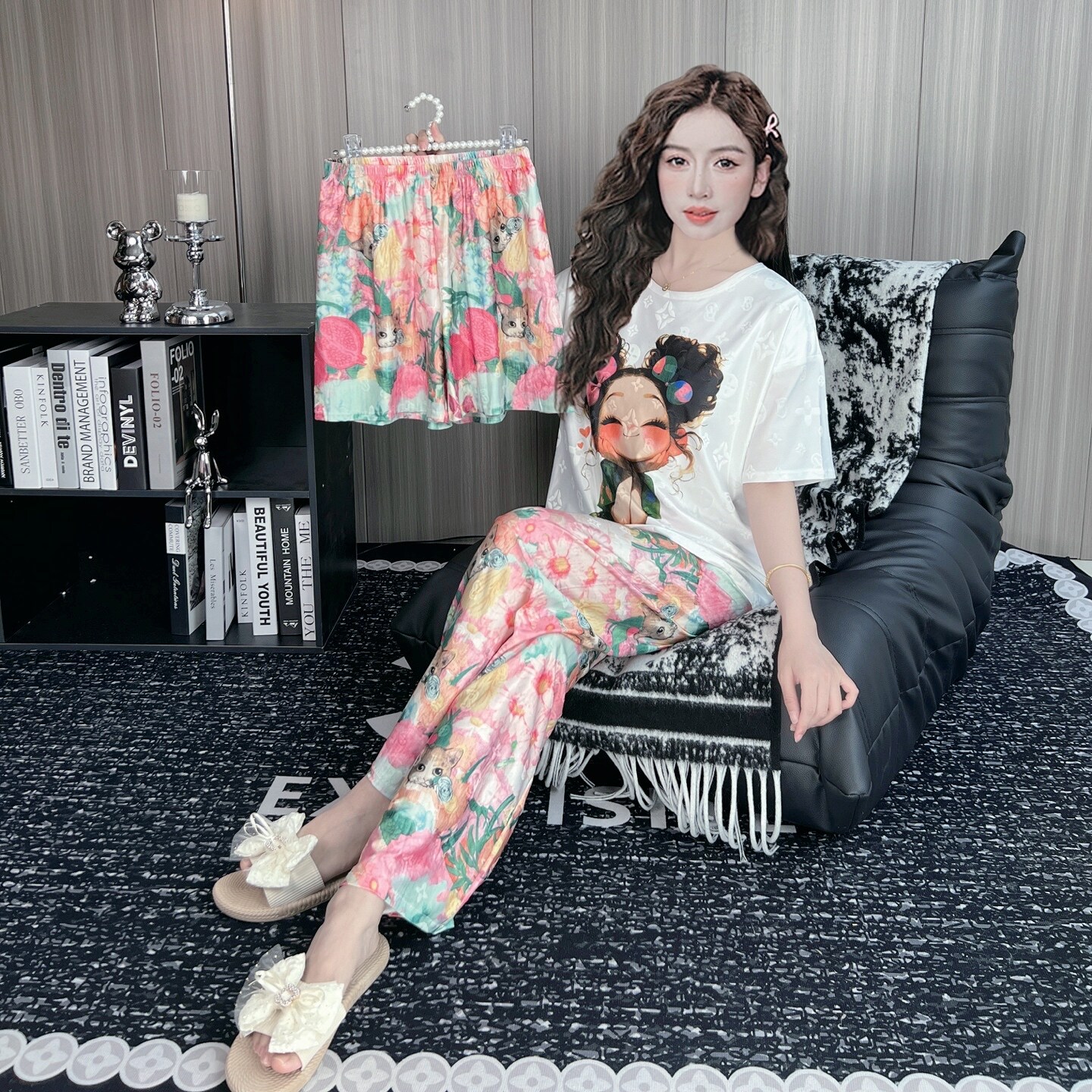 2025睡衣女春夏新款短袖提花三件套卡通可爱宽松家居服套装