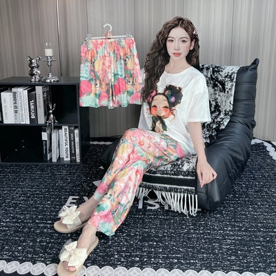 2025睡衣女春夏新款短袖提花三件套卡通可爱宽松家居服套装